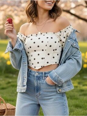 Lumiere Off-Shoulder Polka Dot Crop Top in Cream and Black